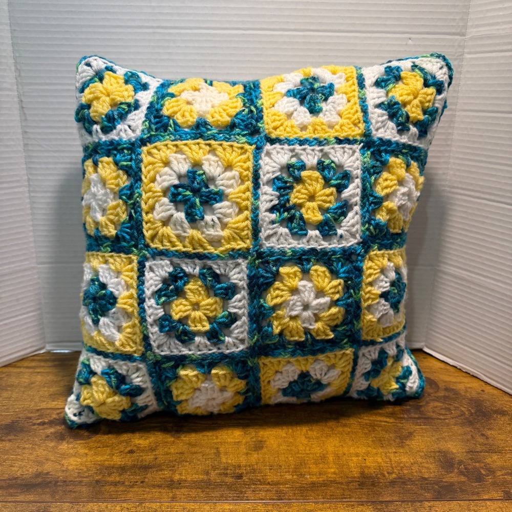 Handmade Crochet Granny Square Throw Pillow Yellow Teal White Boho 14x14 Cottage